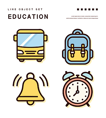 스티커 일러스트 책가방 사람없음 세트 자명종 종 스쿨버스 오브젝트 엘리먼트 국내일러스트 AI파일 시계 가방 버스 알람 파일형식 벡터