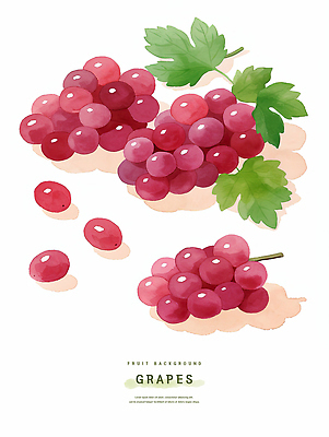 PSD 잎 일러스트 수채화 사람없음 여름 보라색 포도알 제철과일 국내일러스트 식물 계절 컬러 과일 포도 제철 파일형식
