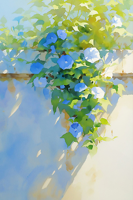 JPG 잎 일러스트 여름꽃 수채화 그림자 사람없음 햇빛 나팔꽃 국내일러스트 AI일러스트 AI콘텐츠 식물 꽃 태양 파일형식 여름_계절