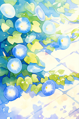 JPG 잎 일러스트 여름꽃 수채화 그림자 사람없음 햇빛 나팔꽃 국내일러스트 AI일러스트 AI콘텐츠 식물 꽃 태양 파일형식 여름_계절