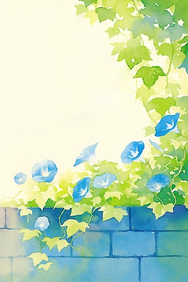 JPG 잎 일러스트 여름꽃 수채화 그림자 사람없음 햇빛 나팔꽃 벽돌담 국내일러스트 AI일러스트 AI콘텐츠 식물 꽃 벽돌 담장 태양 파일형식 여름_계절