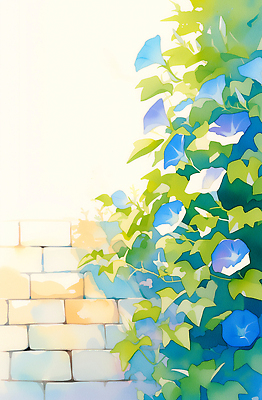 JPG 잎 일러스트 여름꽃 수채화 그림자 사람없음 햇빛 나팔꽃 벽돌담 국내일러스트 AI일러스트 AI콘텐츠 식물 꽃 벽돌 담장 태양 파일형식 여름_계절
