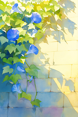 JPG 잎 일러스트 여름꽃 수채화 그림자 사람없음 햇빛 나팔꽃 벽돌담 국내일러스트 AI일러스트 AI콘텐츠 식물 꽃 벽돌 담장 태양 파일형식 여름_계절