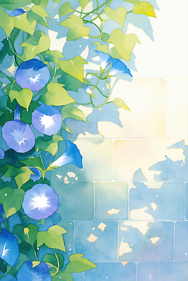 JPG 잎 일러스트 여름꽃 수채화 그림자 사람없음 햇빛 나팔꽃 벽돌담 국내일러스트 AI일러스트 AI콘텐츠 식물 꽃 벽돌 담장 태양 파일형식 여름_계절