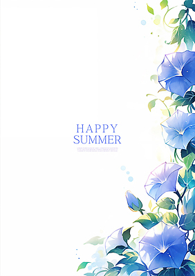 PSD 줄기 잎 일러스트 여름꽃 수채화 사람없음 파란색 나팔꽃 꽃프레임 카피스페이스 국내일러스트 식물 꽃 컬러 프레임 공백 파일형식 여름_계절