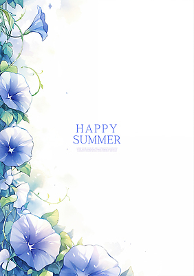 PSD 줄기 잎 일러스트 여름꽃 수채화 사람없음 파란색 나팔꽃 꽃프레임 카피스페이스 국내일러스트 식물 꽃 컬러 프레임 공백 파일형식 여름_계절