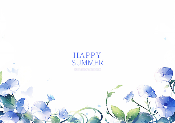 PSD 줄기 잎 일러스트 여름꽃 수채화 사람없음 파란색 나팔꽃 꽃프레임 카피스페이스 국내일러스트 식물 꽃 컬러 프레임 공백 파일형식 여름_계절