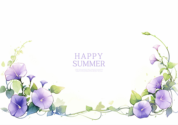 PSD 줄기 잎 일러스트 여름꽃 수채화 사람없음 보라색 나팔꽃 꽃프레임 카피스페이스 국내일러스트 식물 꽃 컬러 프레임 공백 파일형식 여름_계절