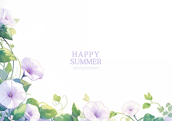 PSD 줄기 잎 일러스트 여름꽃 수채화 사람없음 보라색 나팔꽃 꽃프레임 카피스페이스 국내일러스트 식물 꽃 컬러 프레임 공백 파일형식 여름_계절