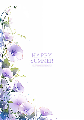PSD 줄기 잎 일러스트 여름꽃 수채화 사람없음 보라색 나팔꽃 꽃프레임 카피스페이스 국내일러스트 식물 꽃 컬러 프레임 공백 파일형식 여름_계절