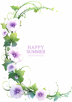 PSD 줄기 잎 일러스트 여름꽃 수채화 사람없음 보라색 나팔꽃 꽃프레임 카피스페이스 국내일러스트 식물 꽃 컬러 프레임 공백 파일형식 여름_계절