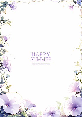PSD 줄기 잎 일러스트 여름꽃 수채화 사람없음 보라색 나팔꽃 꽃프레임 카피스페이스 국내일러스트 식물 꽃 컬러 프레임 공백 파일형식 여름_계절