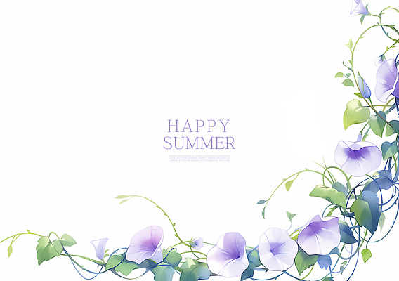 PSD 줄기 잎 일러스트 여름꽃 수채화 사람없음 보라색 나팔꽃 꽃프레임 카피스페이스 국내일러스트 식물 꽃 컬러 프레임 공백 파일형식 여름_계절