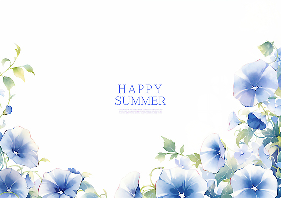 PSD 줄기 잎 일러스트 여름꽃 수채화 사람없음 파란색 나팔꽃 꽃프레임 카피스페이스 국내일러스트 식물 꽃 컬러 프레임 공백 파일형식 여름_계절