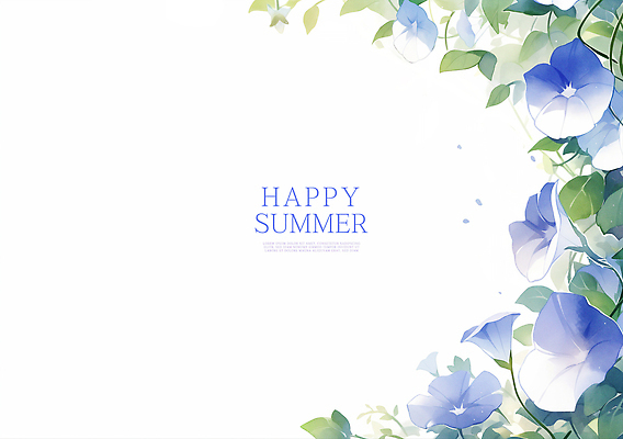 PSD 줄기 잎 일러스트 여름꽃 수채화 사람없음 파란색 나팔꽃 꽃프레임 카피스페이스 국내일러스트 식물 꽃 컬러 프레임 공백 파일형식 여름_계절