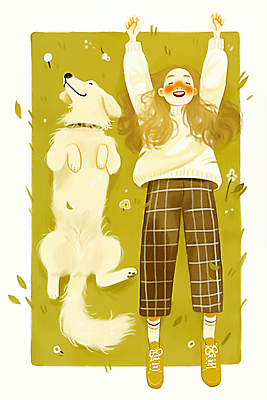 JPG 전신 여자 꽃 여유 일러스트 수채화 한명 미소 잔디 성인 라이프 눕기 만세 강아지 성인여자한명만 웰니스투어 국내일러스트 웰니스 AI일러스트 AI콘텐츠 식물 1 감정 여행 모션 표정 사람 생활 반려동물 개 신조어 여자한명만 성인여자만 파일형식