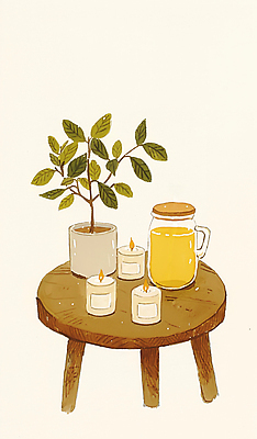 JPG 식물 화분 여유 음료 일러스트 초 탁자 유리병 수채화 사람없음 라이프 웰니스투어 국내일러스트 웰니스 AI일러스트 AI콘텐츠 감정 여행 가구 병_용기 생활 신조어 파일형식