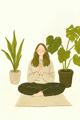 JPG 전신 식물 여자 화분 여유 일러스트 수채화 한명 미소 성인 라이프 눈감음 매트 명상 가부좌 손모으기 성인여자한명만 웰니스투어 국내일러스트 웰니스 AI일러스트 AI콘텐츠 1 감정 여행 모션 표정 사람 앉기 손짓 생활 신조어 여자한명만 성인여자만 파일형식