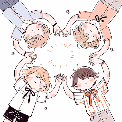 여자 남자 어린이 일러스트 함께함 웃음 소녀 소년 여러명 상반신 친구 우정 만세 즐거움 어린이만 국내일러스트 AI파일 감정 다수 컨셉 관계 모션 표정 사람 파일형식 벡터