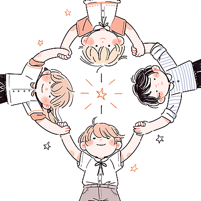 남자 별 어린이 일러스트 함께함 웃음 소년 여러명 친구 손잡기 우정 즐거움 소년만 국내일러스트 AI파일 자연요소 감정 다수 컨셉 관계 모션 표정 사람 남자만 어린이만 파일형식 벡터