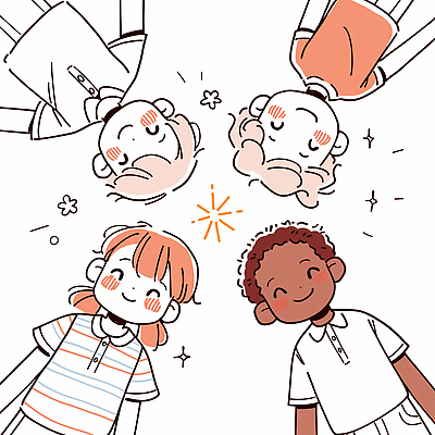 여자 남자 어린이 일러스트 함께함 웃음 소녀 소년 여러명 상반신 친구 반짝임 우정 즐거움 어린이만 국내일러스트 AI파일 감정 다수 컨셉 관계 모션 표정 사람 파일형식 벡터