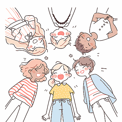 여자 남자 어린이 일러스트 함께함 웃음 소녀 소년 여러명 상반신 친구 팔짱 우정 즐거움 뒷짐 손모으기 어린이만 국내일러스트 AI파일 감정 다수 컨셉 관계 모션 표정 사람 손짓 파일형식 벡터