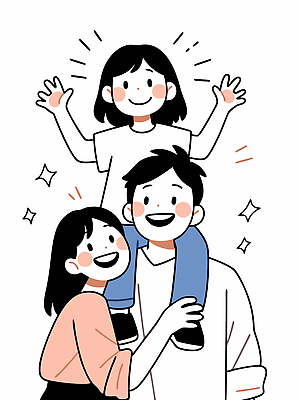 전신 여자 남자 행복 어린이 일러스트 가족 사랑 웃음 소녀 상반신 성인 세명 반짝임 만세 잡기 목말 국내일러스트 AI파일 감정 관계 모션 표정 사람 파일형식 벡터