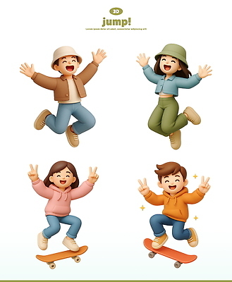 전신 PSD 편집이미지 모자 여자 남자 어린이 3D캐릭터 웃음 소녀 소년 여러명 성인 반짝임 3D 점프 만세 스케이트보드 브이 편집3D 캐릭터 잡화 다수 모션 표정 사람 손짓 보드_스포츠 디지털합성 파일형식