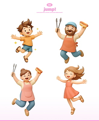 전신 PSD 편집이미지 여자 남자 어린이 팔벌리기 3D캐릭터 집게 웃음 들기 소녀 소년 여러명 성인 반짝임 3D 점프 앞치마 샌들 핫도그 캡모자 편집3D 캐릭터 모자_잡화 음식 다수 신발 모션 패스트푸드 표정 사람 디지털합성 파일형식