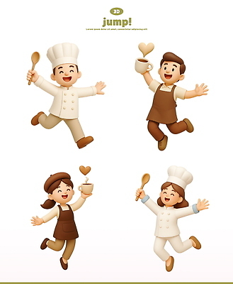 전신 PSD 편집이미지 여자 남자 팔벌리기 3D캐릭터 요리사모자 웃음 들기 여러명 성인 3D 숟가락 점프 앞치마 하트 수증기 커피잔 조리복 바리스타 성인만 편집3D 모양 직업 캐릭터 모자_잡화 커피 다수 유니폼 모션 잔 수저 표정 사람 요리사 디지털합성 파일형식