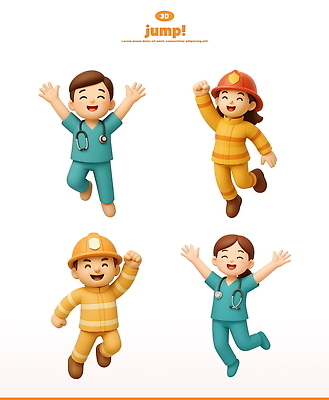 전신 PSD 편집이미지 여자 남자 청진기 3D캐릭터 웃음 여러명 성인 3D 손들기 점프 만세 의사 소방관 수술복 소방관모자 성인만 방호복 편집3D 캐릭터 모자_잡화 옷 다수 의료기기 모션 표정 사람 의료진 가운 구조원 소방 디지털합성 파일형식