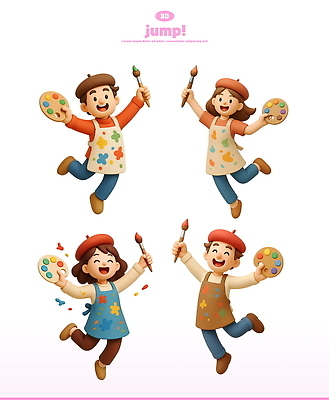 전신 PSD 편집이미지 모자 여자 남자 3D캐릭터 웃음 여러명 성인 3D 점프 앞치마 물감 붓 팔레트 화가 성인만 편집3D 직업 캐릭터 잡화 다수 모션 표정 사람 미술도구 디지털합성 파일형식