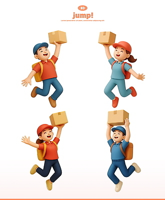 전신 PSD 편집이미지 여자 남자 3D캐릭터 웃음 들기 여러명 성인 3D 손들기 점프 택배기사 백팩 택배상자 캡모자 성인만 편집3D 캐릭터 모자_잡화 다수 가방 모션 표정 사람 상자 배달원 디지털합성 택배 파일형식