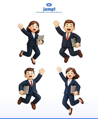 전신 PSD 편집이미지 여자 남자 3D캐릭터 웃음 정장 여러명 성인 노트북 3D 손들기 점프 비즈니스맨 비즈니스우먼 성인만 편집3D 캐릭터 옷 다수 비즈니스 모션 표정 사람 전자제품 직장인 디지털합성 파일형식