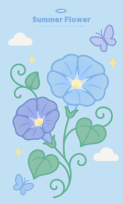 구름 하늘색 나비 잎 일러스트 여름꽃 사람없음 반짝임 나팔꽃 국내일러스트 AI파일 자연요소 식물 꽃 곤충 모션 파란색 파일형식 벡터 여름_계절