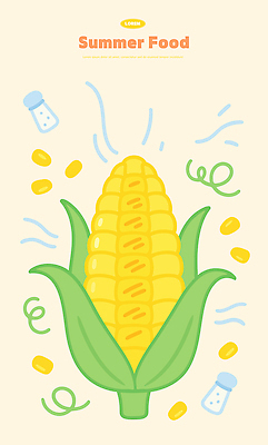 일러스트 여름음식 옥수수 사람없음 소금 소금병 옥수수알갱이 제철음식 연노랑색 국내일러스트 AI파일 음식 곡류 노란색 제철 파일형식 벡터 여름_계절