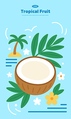 꽃 하늘색 잎 일러스트 여름음식 사람없음 야자수 코코넛 제철음식 제철과일 국내일러스트 AI파일 나무 식물 음식 과일 파란색 제철 파일형식 벡터 여름_계절