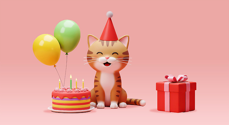 편집이미지 행복 분홍색 앉기 사람없음 선물상자 3D 귀여움 고양이 고깔모자 생일파티 생일케이크 생일축하 풍선 생일초 편집3D AI파일 모자_잡화 감정 컬러 컨셉 초 포유류 모션 선물 반려동물 상자 케이크 축하 생일 디지털합성 파일형식 벡터