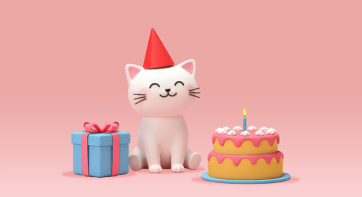 편집이미지 행복 분홍색 앉기 사람없음 선물상자 3D 귀여움 고양이 고깔모자 생일파티 생일케이크 생일축하 생일초 편집3D AI파일 모자_잡화 감정 컬러 컨셉 초 포유류 모션 선물 반려동물 상자 케이크 축하 생일 디지털합성 파일형식 벡터