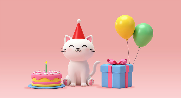 편집이미지 행복 분홍색 앉기 사람없음 선물상자 3D 귀여움 고양이 고깔모자 생일파티 생일케이크 생일축하 풍선 생일초 편집3D AI파일 모자_잡화 감정 컬러 컨셉 초 포유류 모션 선물 반려동물 상자 케이크 축하 생일 디지털합성 파일형식 벡터