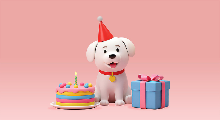 편집이미지 행복 분홍색 앉기 사람없음 선물상자 3D 귀여움 고깔모자 생일파티 강아지 생일케이크 생일축하 개목걸이 생일초 편집3D AI파일 모자_잡화 감정 컬러 컨셉 초 모션 선물 반려동물 상자 케이크 축하 생일 개 디지털합성 애견용품 파일형식 벡터