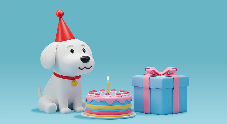 편집이미지 행복 앉기 사람없음 파란색 선물상자 3D 귀여움 고깔모자 생일파티 강아지 생일케이크 생일축하 개목걸이 생일초 편집3D AI파일 모자_잡화 감정 컬러 컨셉 초 모션 선물 반려동물 상자 케이크 축하 생일 개 디지털합성 애견용품 파일형식 벡터