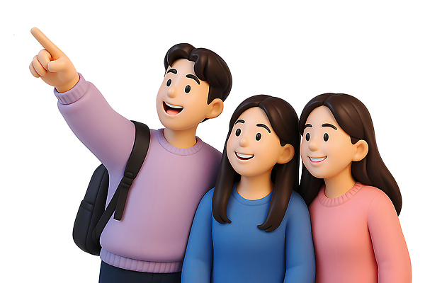 PSD 편집이미지 여자 남자 대학생 3D캐릭터 미소 상반신 성인 세명 친구 3D 우정 가리킴 즐거움 백팩 성인만 편집3D 캐릭터 학생 감정 가방 관계 표정 사람 손짓 디지털합성 파일형식