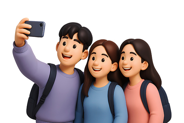 PSD 편집이미지 여자 남자 대학생 3D캐릭터 미소 들기 상반신 성인 세명 친구 스마트폰 3D 우정 셀프카메라 즐거움 백팩 성인만 편집3D 캐릭터 학생 감정 가방 관계 모션 표정 사람 핸드폰 스마트기기 사진촬영 디지털합성 파일형식