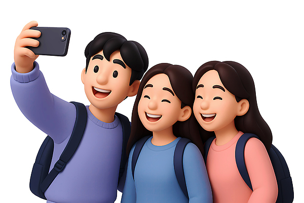 PSD 편집이미지 여자 남자 대학생 3D캐릭터 미소 들기 상반신 성인 세명 친구 스마트폰 3D 우정 셀프카메라 즐거움 백팩 성인만 편집3D 캐릭터 학생 감정 가방 관계 모션 표정 사람 핸드폰 스마트기기 사진촬영 디지털합성 파일형식