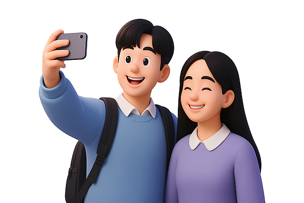 PSD 편집이미지 여자 남자 대학생 3D캐릭터 미소 들기 상반신 성인 두명 친구 스마트폰 3D 우정 셀프카메라 즐거움 백팩 성인만 편집3D 캐릭터 학생 감정 가방 관계 모션 표정 사람 핸드폰 스마트기기 사진촬영 디지털합성 파일형식