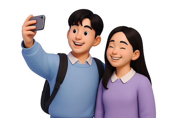 PSD 편집이미지 여자 남자 대학생 3D캐릭터 미소 들기 상반신 성인 두명 친구 스마트폰 3D 우정 셀프카메라 즐거움 백팩 성인만 편집3D 캐릭터 학생 감정 가방 관계 모션 표정 사람 핸드폰 스마트기기 사진촬영 디지털합성 파일형식