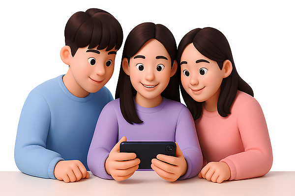 PSD 편집이미지 여자 남자 대학생 3D캐릭터 미소 들기 상반신 성인 세명 친구 스마트폰 3D 우정 즐거움 성인만 편집3D 캐릭터 학생 감정 관계 모션 표정 사람 핸드폰 스마트기기 디지털합성 파일형식