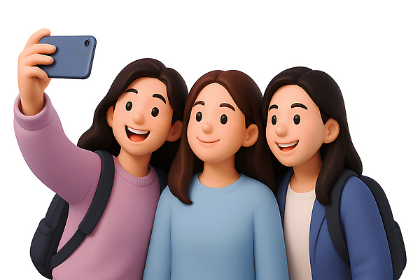 PSD 편집이미지 여자 남자 대학생 3D캐릭터 미소 들기 상반신 성인 세명 친구 스마트폰 3D 우정 셀프카메라 즐거움 백팩 성인만 편집3D 캐릭터 학생 감정 가방 관계 모션 표정 사람 핸드폰 스마트기기 사진촬영 디지털합성 파일형식