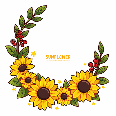 열매 잎 일러스트 해바라기 사람없음 노란색 원형프레임 꽃프레임 카피스페이스 국내일러스트 AI파일 식물 꽃 컬러 프레임 공백 원형 파일형식 벡터